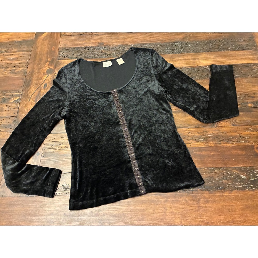 Moda Intl Vintage Y2K Black Velvet Long Sleeve Top Goth Peasant Whimsy Women's L